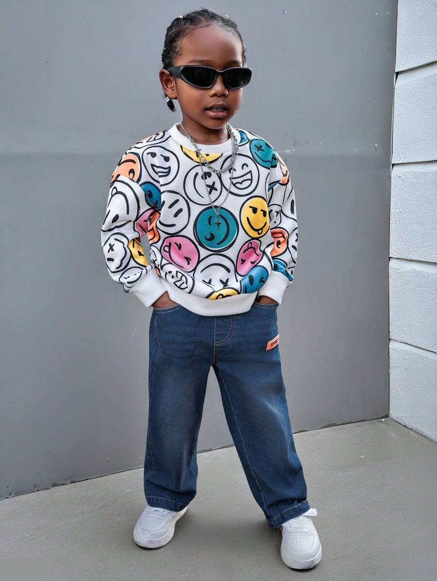 SHEIN Explorewe Bộ 2 quần ống đứng in họa tiết mặt cười Graffiti nhiều màu sắc cho bé trai phong cách thường ngày phù hợp với thời trang đường phố vui nhộn và quần denim ống đứng in họa tiết - Nhiều màu - Xem 1