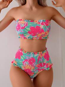 2pcs/Set High Waist Ruched Ditsy Floral Sexy Bikini Set Summer - Multicolor - View 2