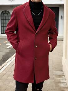 Manfinity VCAY 男士宽松翻领长袖前开长外套，适合秋冬季，工作时尚保暖大衣，适合朋友、丈夫、男朋友的礼物 - 紅色 - 查看 6