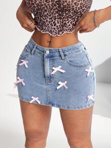 SHEIN PETITE Women's Denim Mini Skirt, Sexy Fitted Stretch Blue With Bow, Low Rise Skirt, Pink Bow Jeans Skirt, Holiday Women Outfits, Christmas Skirt, Holiday Outfits, Christmas Party Women Skirt