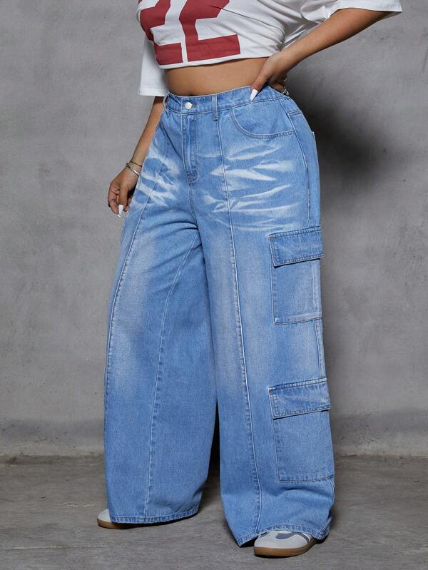 SHEIN ICON Plus Size Women Contrast Color Loose Fit Pocket Casual Versatile Jeans