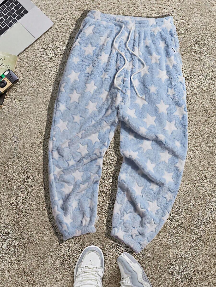 Manfinity VCAY 男士针织休闲松紧腰直筒裤，日常穿着和年轻风格，宽松版型，图案长裤，度假休闲裤，适合丈夫、男朋友的礼物 - 藍色 - 查看 1