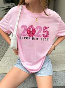 SHEIN EZwear Casual Minimalist Faux Glitter Bow 2025 Printed Pattern Pink Round Neck Short Sleeve Loose Women T-Shirt, Suitable For 2025 New Year Festive Tops - Pink - View 5