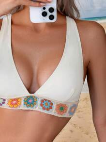 Women Summer Vacation Beach Crocheted Floral Bikini Set - Apricot - View 4