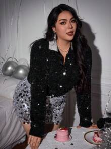 SHEIN Privé 大码秋冬保暖柔软仿貂皮拼布亮片缀饰长袖开衫 - 黑色 - 查看 1