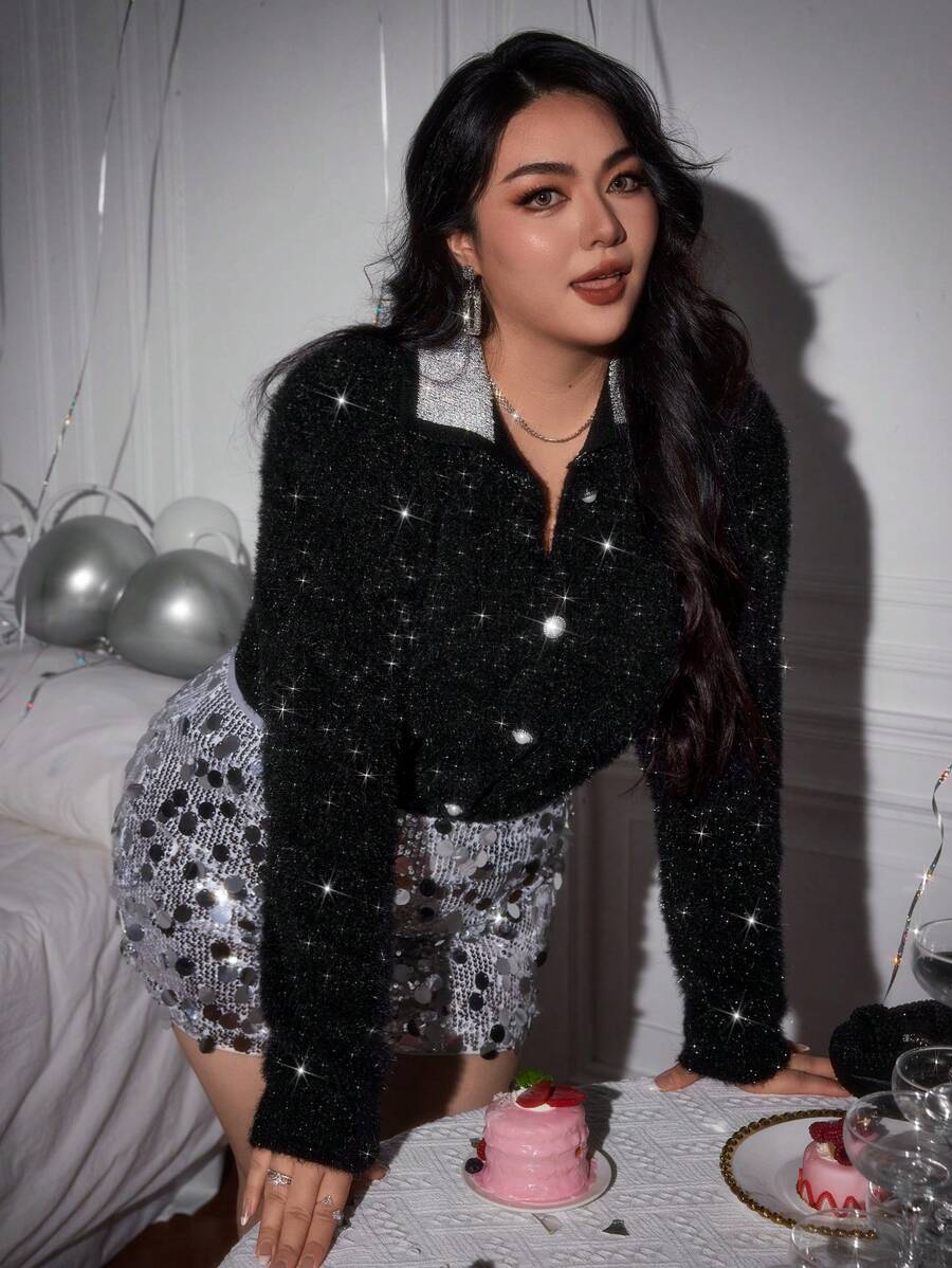 SHEIN Privé 大码秋冬保暖柔软仿貂皮拼布亮片缀饰长袖开衫 - 黑色 - 查看 1