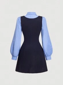 SHEIN MOD Autumn Stand-Up Collar Color-Blocked Striped Patchwork Long-Sleeved Dress, Preppy Dress, Casual Dress,New Years Eve Outfit, Elegant Dresses, New Years Outfit, Party Outfits, Holiday Outfits - Multicolor - View 2