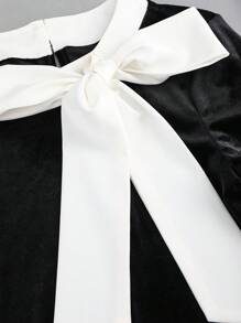 Sweetra Women's Black Velvet Color Block Bowknot Waisted Mini Dress, Fashion Elegant Slim Fit Short Luxurious Party Dress