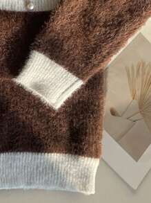 Flirla Plus Size Elegant Contrast Color Soft Slim Fit Fashionable Cardigan Sweater, Autumn/Winter - Coffee Brown - View 3