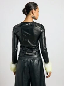 AiiRZ Faux Leather Fitted Long Sleeve Top With Fur Sleeve Trim