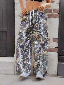 INAWLY Pantalones largos con estampado de plantas y cintura con cordón para mujer - Multicolor - Ver 5