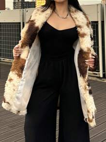 Calvaya Plus Size Fluffy Long Sleeve Mid-Length Coat With Sheep Pattern - Multicolor - View 8