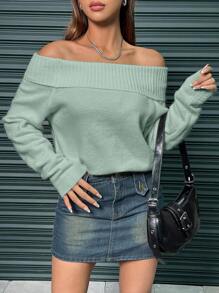 SHEIN Unity Casual Minimalist Off Shoulder Solid Color Sweater, Autumn/Winter Knit Pullover Fall - Green - View 3