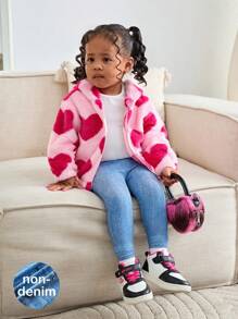 SHEIN 3pcs Baby Girl Lovely Heart Furry Hooded Jacket, Knit Top And Long Pants Set, Autumn/Winter - Multicolor - View 9