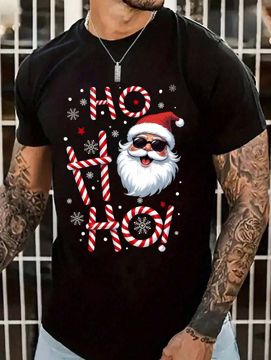 SHEIN 圣诞节男士休闲时尚圣诞老人与字母印花短袖 T 恤，时尚基本款 T 恤 - 黑色 - 查看 1