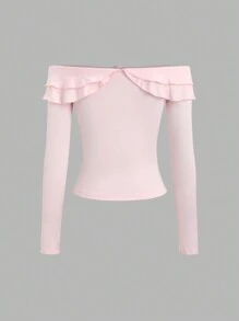 Sweetra Camiseta con cuello de volantes y lazo, ajustada con cuello de volantes, color rosa, outfit de otoño/invierno Y2K para mujer