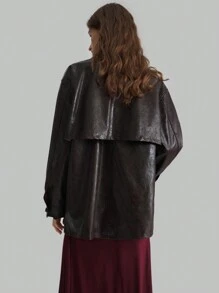 Ontre 立领长袖功能口袋设计女式夹克，红棕色，适合秋冬季，返校穿着 - 巧克力棕 - 查看 2