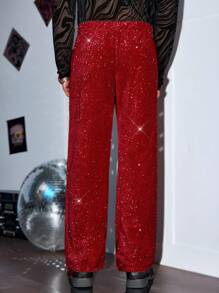 Manfinity VCAY Pantaloni lunghi casual da uomo in maglia per Natale, con vita elastica e design con paillettes, indumento alla moda per uso quotidiano - Rosso - Visualizzare 2