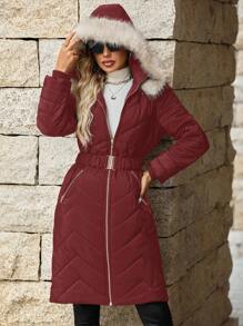SHEIN Clasi Abrigo acolchado con capucha y cuello de piel para mujer, con cintura ceñida, de longitud media