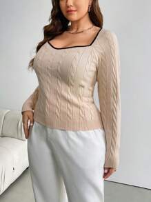 SHEIN Privé Plus Size Women Elegant And Casual Contrast Color Turtleneck Ribbed Texture Knit Long Sleeve Sweater, Autumn/Winter - Apricot - View 6