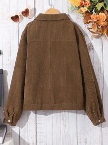 Teen Girls Printed Corduroy Varsity Casual Loose Jacket, Lively And For Autumn - Brown - View 2