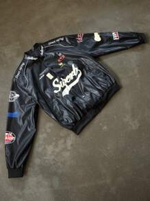 PAVTROS Manfinity Streetrush Letter Print Zip Up Casual Versatile Long Sleeve Baseball Jacket - Black - View 4