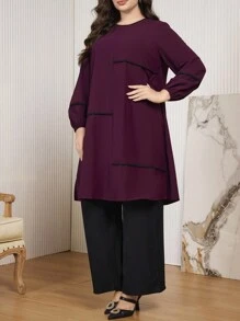 Mulvari 2 件套优雅圆领褶皱撞色加大码套装 2 件套 - 彩色 - 查看 1