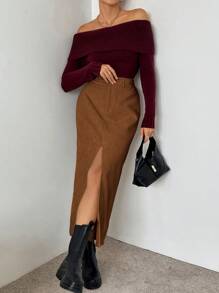 SHEIN Essnce 女士灯芯绒高开叉休闲长裙 - 棕色 - 查看 4