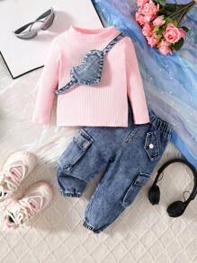 女婴粉色圆领长袖上衣和纯色口袋松紧腰牛仔裤套装带牛仔钱包