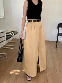INAWLY Gonna Casual da Donna con Pieghe e Spacco sul Fondo - Cachi - Visualizzare 4