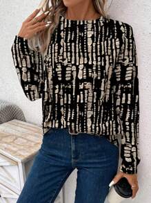 SHEIN LUNE Áo thun dài tay cổ tròn in hình hình học rộng rãi cho nữ, giản dị và đơn giản, phù hợp cho mùa thu/đông - Nhiều màu - Xem 3
