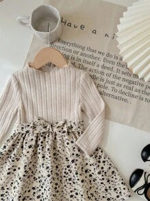 SHEIN LMoss Kids LMoss Baby Girl Cute Patchwork Ditsy Floral Long Sleeve Belted Knit Dress, Autumn/Winter - Multicolor - View 5