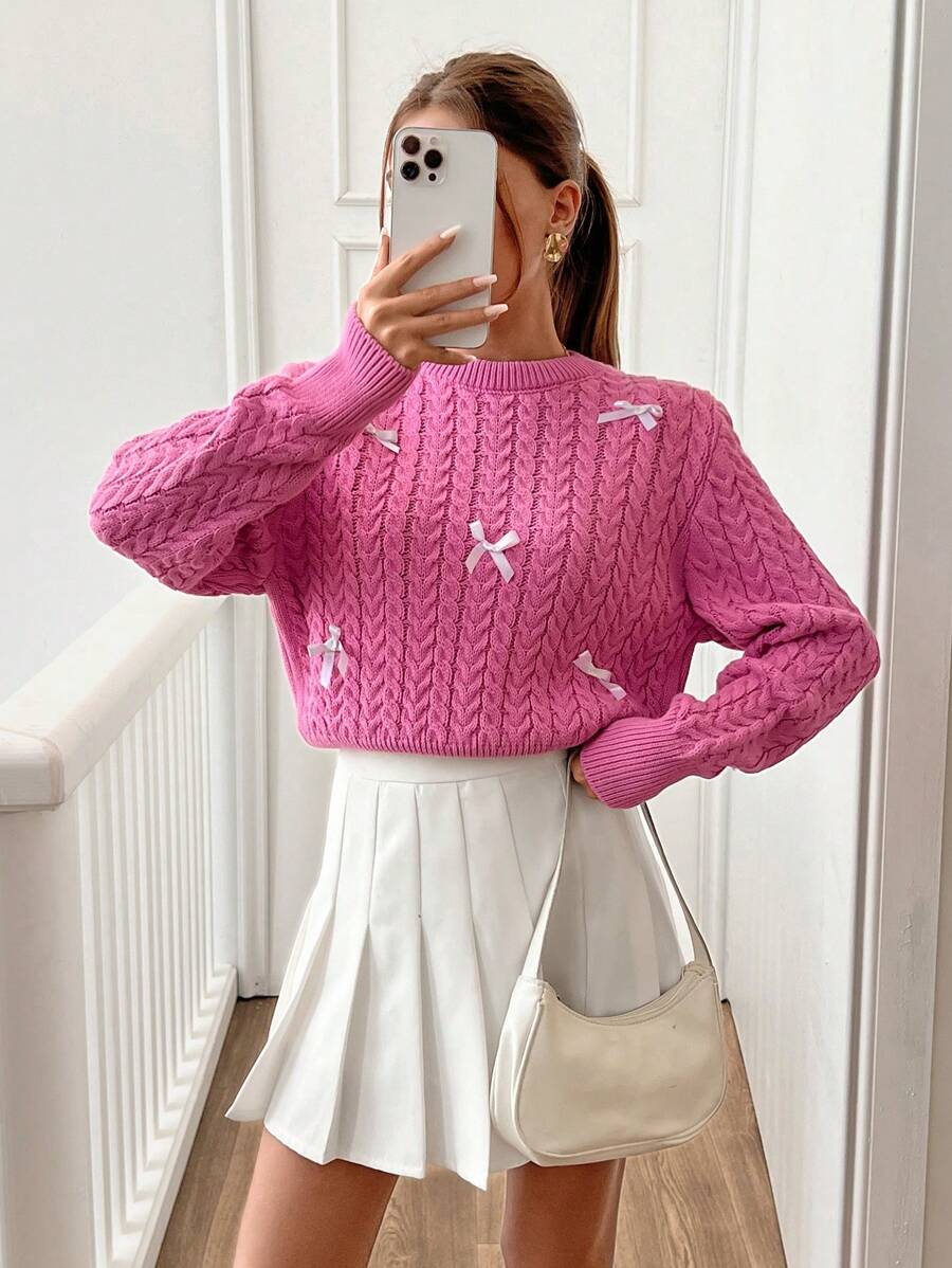 EURMUSE Women Round Neck 3d Ribbon Detailed Cute Textured Sweater Pullover - Hot Pink - View 1