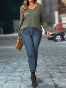 SHEIN LUNE Women Plus Size V-Neck Dropped Shoulder Long Sleeve Casual T-Shirt, Autumn