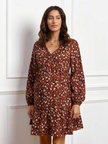 SHEIN Vestido corto de manga larga con escote en V y estampado completo de moda para embarazadas