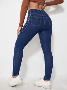 SHEIN EZwear Quần Jeans Ống Thẳng Cài Nút Túi Trước Thường Ngày Cho Nữ - Rửa tối - Xem 2