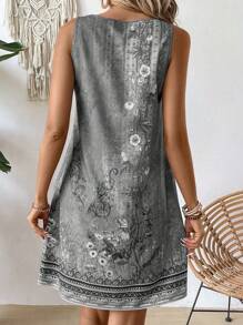 SHEIN LUNE 女士夏季復古印花無袖度假連衣裙 - 灰色 - 查看 2