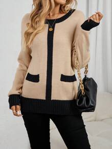 EMERY ROSE Women Color Patchwork Round Neck Long Sleeve Pocket Casual Sweater Knit Pullover Fall Winter - Khaki - View 5
