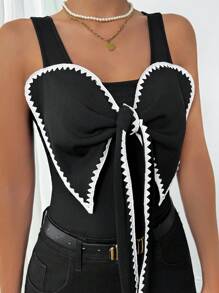 SHEIN Unity Camiseta de tirantes sin espalda de color contrastante con lazo, nuevo diseño 2024 - Blanco y Negro - Ver 6