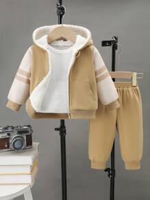 2pcs Baby Boys Khaki Winter Modest Date Thermal Lined Striped Hooded Jacket&Elastic Waist Pants Set,Casual Thicken Comfortable Outdoor Sports Outfit - Khaki - View 1