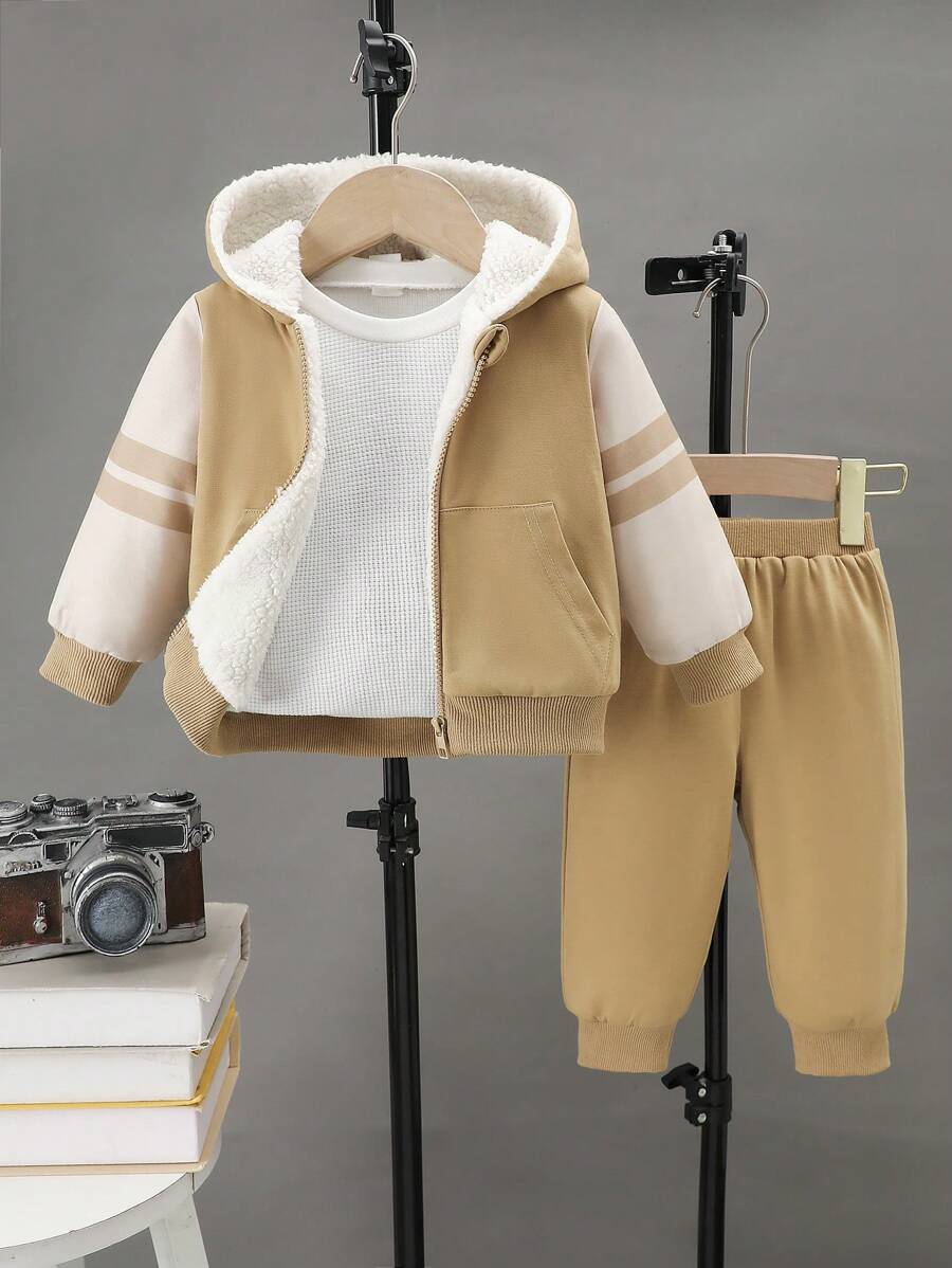 2pcs Baby Boys Khaki Winter Modest Date Thermal Lined Striped Hooded Jacket&Elastic Waist Pants Set,Casual Thicken Comfortable Outdoor Sports Outfit - Khaki - View 1