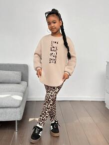 Bộ 2 chiếc áo hoodie cổ tròn rộng rãi thoải mái cho bé gái tuổi teen và quần viền bất đối xứng - Màu Khaki - Xem 7