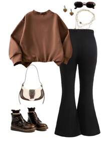 SHEIN Young Girl Coffee Brown Knit Patchwork Long Sleeve Sweatshirt With Bow Accent, Solid Color Flared Pants Retro Comfortable Outfit, Autumn - Coffee Brown - View 2