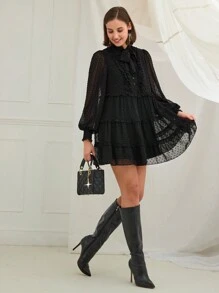 Enchnt Vestido corto elegante para mujer de unicolor con cuello de cordón, mangas farol, volantes y bajo de malla