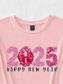 SHEIN EZwear Casual Minimalist Faux Glitter Bow 2025 Printed Pattern Pink Round Neck Short Sleeve Loose Women T-Shirt, Suitable For 2025 New Year Festive Tops - Pink - View 4