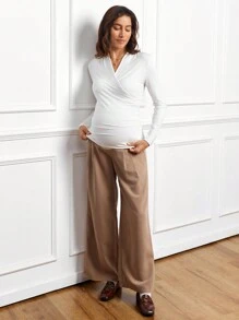SHEIN Adjustable Waist Maternity Loose Fit Color Block Wide Leg Pants - Khaki - View 5