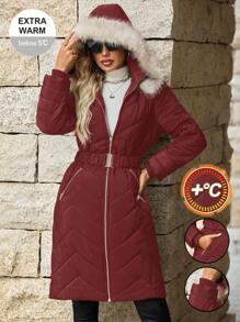 SHEIN Clasi Abrigo acolchado con capucha y cuello de piel para mujer, con cintura ceñida, de longitud media