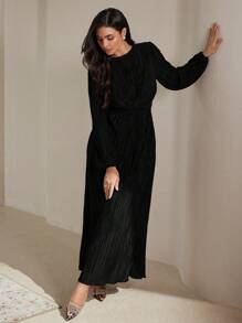 Veilorie Women Elegant Solid Color Textured Lantern Sleeve Long Dress, Autumn Modest - Black - View 4