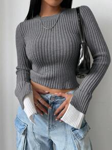 Chiquease Crew Neck Slim Fit Ribbed Knit Color Block Long Sleeve Sweater
