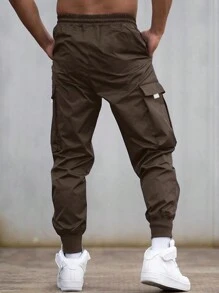 Manfinity EMRG Pantalones cargo para hombres con gráfico de lema, bolsillo con solapa y cintura con cordón